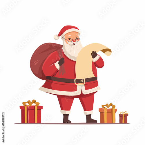 Santa Claus Checking Naughty or Nice List with Gifts.