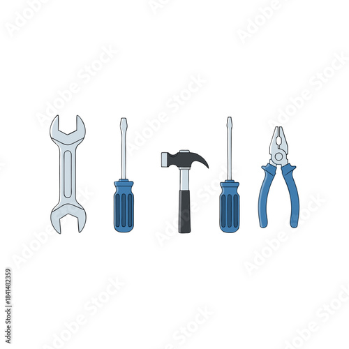A set of metal repair tools including a screwdriver, hammer, wrench, and pliers displayed isolated on a white background