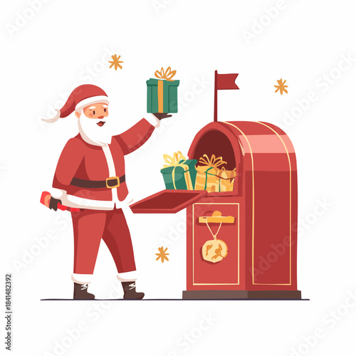 Santa Claus Delivering Gifts to Mailbox Christmas Holiday Season.