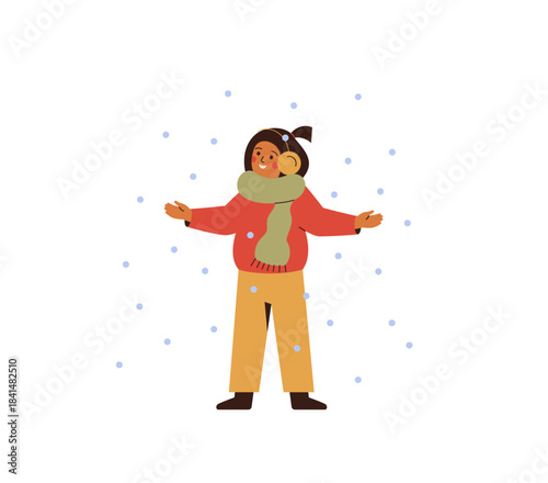 happy girl in winter clothes stands outdoors with open arms and enjoys the snowfall. female child in warm jacket and  scarf playing outside on snowing weather. vector