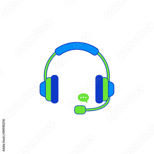Cartoon-Style Blue and Green Headset with Integrated Microphone and Chat Bubble.