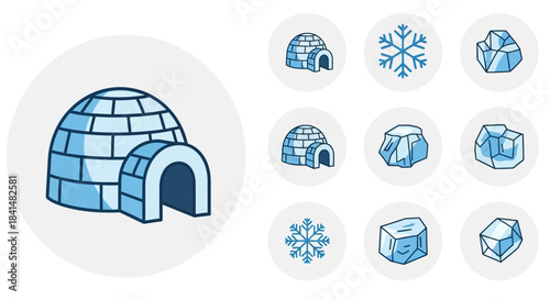 Cartoon-style blue igloo, snowflake, and ice block icons set with distinct outlines.
