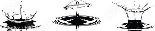 Water splash illustration set featuring dynamic droplets, crown shapes, ripple patterns, and collision forms, ideal for design, motion concepts, scientific visuals, and creative artwork projects