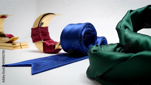 Golden crescent moon sculptures with rich color textiles on white backdrop