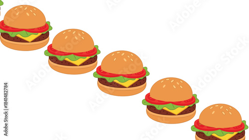 A group of colorful cartoon hamburgers lined up on a in a diagonal line