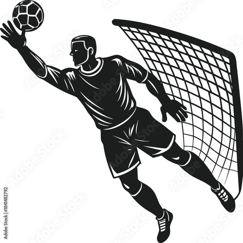 Goalkeeper diving to save a soccer ball near the goal net illustration
