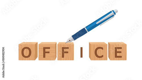 A blue pen on wooden blocks spelling out the word office on a