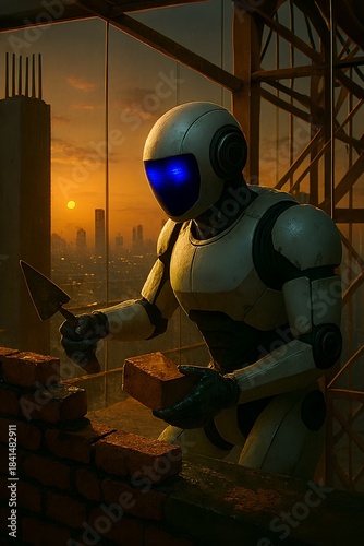 Humanoid robot bricklaying at a construction site during sunset, holding a brick and trowel, with city skyline and scaffolding in the background, showing automation in urban development.