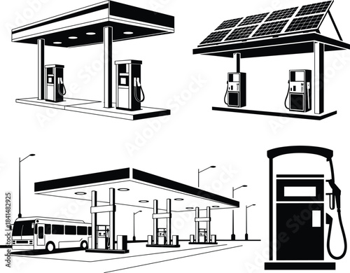 Gas station illustration set featuring modern fuel pumps, solar canopy structures, transportation elements, and roadside service designs for energy, automotive, commercial, and infrastructure projects