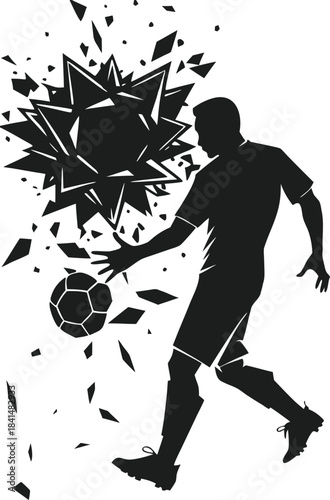 A soccer player silhouette kicking a ball with abstract explosion effect