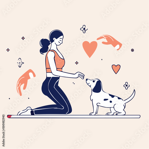 Woman kneeling to interact lovingly with a small spotted dog surrounded by floating hearts and hands