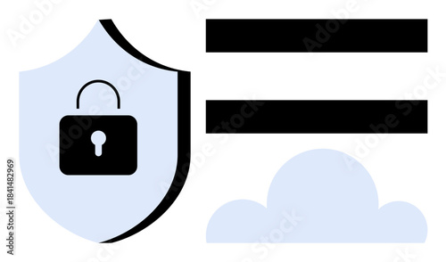 Shield with lock, horizontal data lines, and cloud icon emphasizing secure data solutions. Ideal for cybersecurity, data protection, online privacy, cloud storage, encryption, IT security