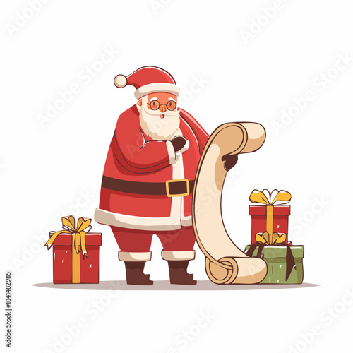Jolly cartoon santa claus checking his long naughty or nice gift list surrounded by wrapped presents