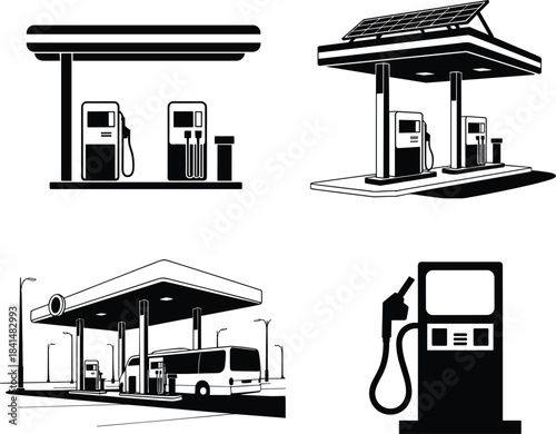Gas station illustration set featuring modern fuel pumps, solar canopy options, transportation elements, and roadside service designs for energy, automotive, and commercial branding projects