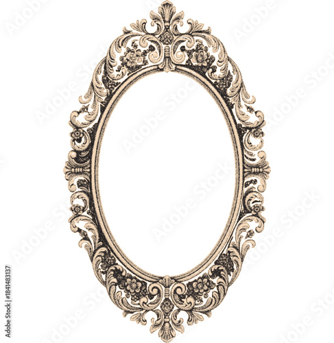 Elegant vintage ornate oval frame with intricate baroque scrollwork and delicate decorative embellishments, perfect for classic design projects, sophisticated borders, or artistic compositions