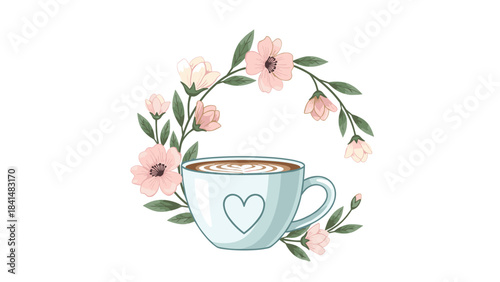 A cup of coffee with a heart design surrounded by flowers and leaves 