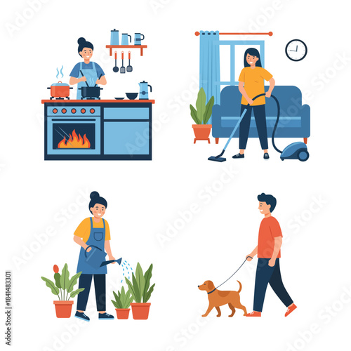 Home Activities Illustration – Cooking, Cleaning, Watering Plants, Walking Dog – Flat Vector