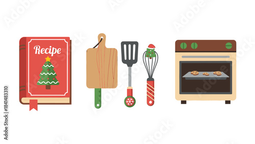 Flat lay of Christmas-themed kitchen utensils and recipe book on white background, Happy New Year 2026 Christmas Dat