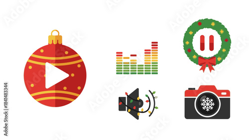 Flat lay of Christmas and New Year 2026 icons including a decorated ornament, sound wave, festive wreath, film camera, and spotlight on a clean white background with a joyful mood.