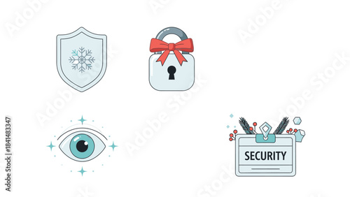 Flat lay of security icons including shield, padlock, eye, and credential on a white background, conveying a theme related to Christmas Dat and Happy New Year 2026 with a focus on