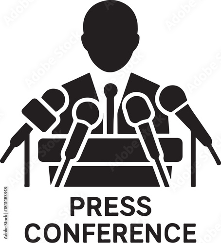 PrintSilhouette of a person at a press conference with microphones