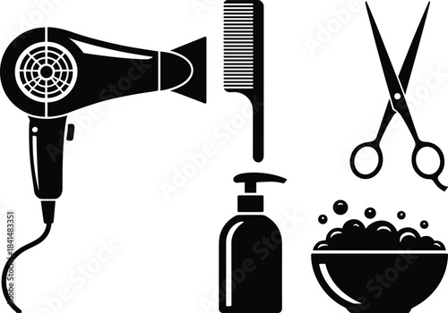 Hairdressing tools silhouette set featuring hairdryer, comb, scissors, shampoo bottle, and styling bowl, ideal for salon branding, beauty projects, and digital design