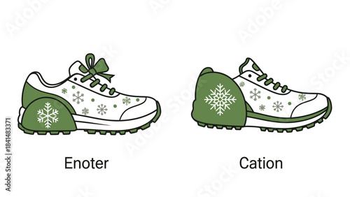 Illustration of two white and green sneakers with snowflakes, one with a bow, labeled Enoter and Cation, on a white background, perfect for Christmas or Happy New Year 2026 greeting cards