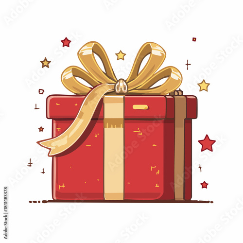 Red Gift Box with Gold Ribbon and Stars - Surprise Present.