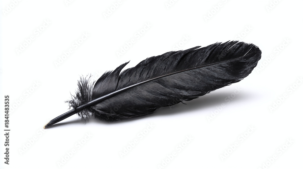 Obraz premium A single black feather lying on a surface. The feather is in perfect condition, and appears soft and light