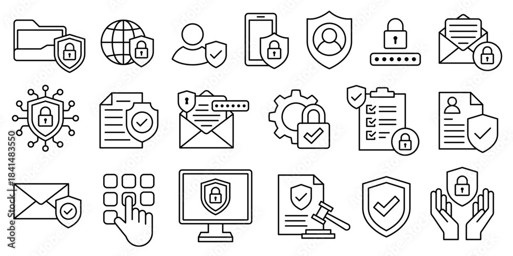 Fototapeta premium Privacy policy icon set vector. Safety, security, data protection, access, encryption, gear, cyber law, compliance, user rights, authentication, secure, document, file, information, network system.