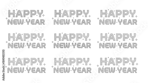 A white background with multiple Happy New Year 2026 text graphics in gray arranged in rows with a Christmas Dat theme.