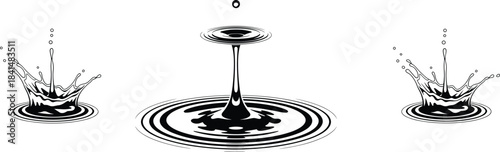 Dynamic water splash illustration with ripples and droplets creating fluid motion, high-contrast black and white artwork for design, branding, and digital projects