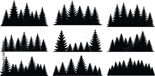 Black pine tree forest silhouette set, nature landscape vector collection, woodland horizon illustration, evergreen firs for design.