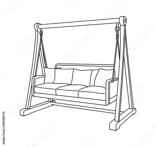Black line drawing of a three seater outdoor swing chair with wooden A frame, rope suspension, and cushioned seat. Architecture and interior design element. Vector illustration isolated 