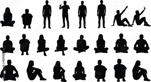 PrintHuman posture silhouettes, seated and standing poses, gesture study, black vector, body language, design reference, ergonomic layout, figure grid, casual stance