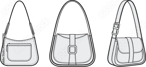 Collection of women’s handbag technical sketches showing various purse designs with straps, pockets, and details for fashion design, accessories illustration, and production templates