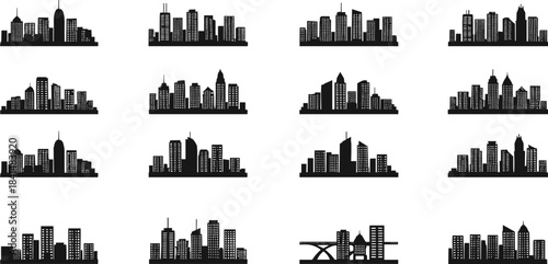 Collection of fifteen city skyline silhouettes, diverse urban architecture designs with skyscrapers, towers, bridges, metropolitan landscape illustration, modern cityscape artwork