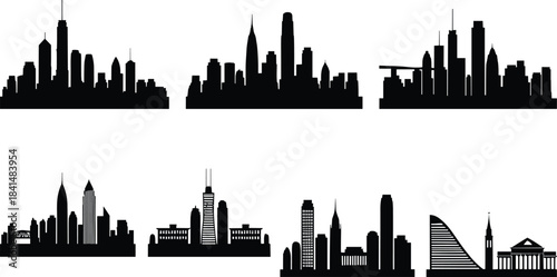 Collection of six city skyline silhouettes, urban architecture profiles with skyscrapers and towers, metropolitan design illustration, modern cityscape comparison artwork