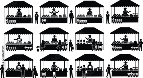 PrintMarket stall silhouette set, vendor and customer interaction scenes, black vector illustration of outdoor shopping and produce exchange