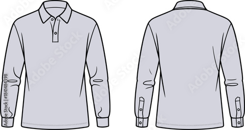 Long sleeve polo shirt technical fashion flat sketch showing front and back views for apparel design, clothing templates, and garment illustration