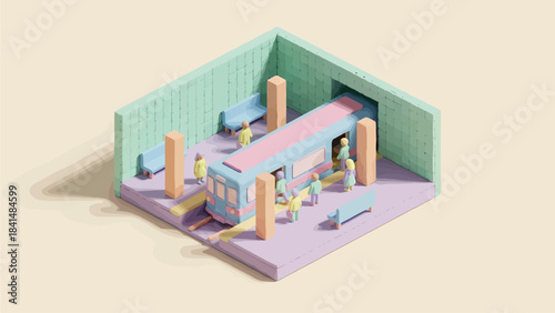 Isometric subway station with people getting on train, pastel colors, abstract concept for urban transport, city planning, infrastructure projects