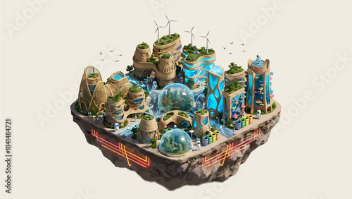 Isometric Futuristic Green City Concept: Sustainable Urban Planning with Renewable Energy and Advanced Technology for Eco-Friendly Living