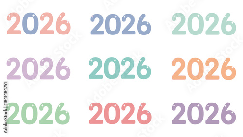 Multicolored 2026 numbers arranged in rows on a white background, conveying a festive and futuristic mood for Happy New Year 2026 and Christmas Dat celebrations.