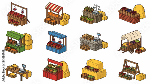 Isometric Farmer's Market Stalls: Fresh Produce, Colorful Stands, & Hay Bales for Farm-to-Table Concepts & Game Design Assets