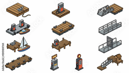 Isometric Illustration of Marina Docks, Piers, and Fueling Stations for Watercraft Infrastructure Design