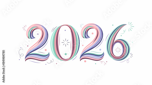 Colorful illustration of 2026 with festive decorations and confetti on a white background, celebrating Happy New Year and Christmas Dat.