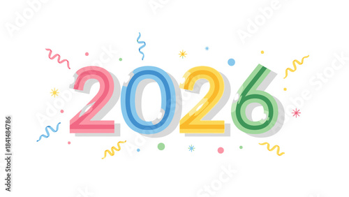 Colorful graphic design celebrating Happy New Year 2026 with festive confetti and ribbons on a white background, perfect for Christmas Dat and New Year's Eve decorations.