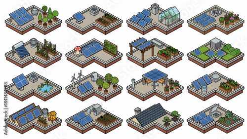 Isometric Eco-Friendly Rooftop Designs: Solar Panels, Gardens & Green Energy Solutions for Sustainable Urban Living