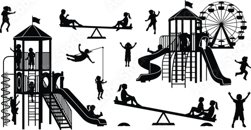 Playground silhouette, children playing, outdoor activity, slides, climbing, seesaw, rope swing, Ferris wheel, black vector, fun scene, white background