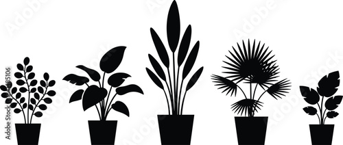 Potted plant silhouette collection, indoor foliage variety, black vector icons, botanical illustration, home decor concept, leaf shape diversity